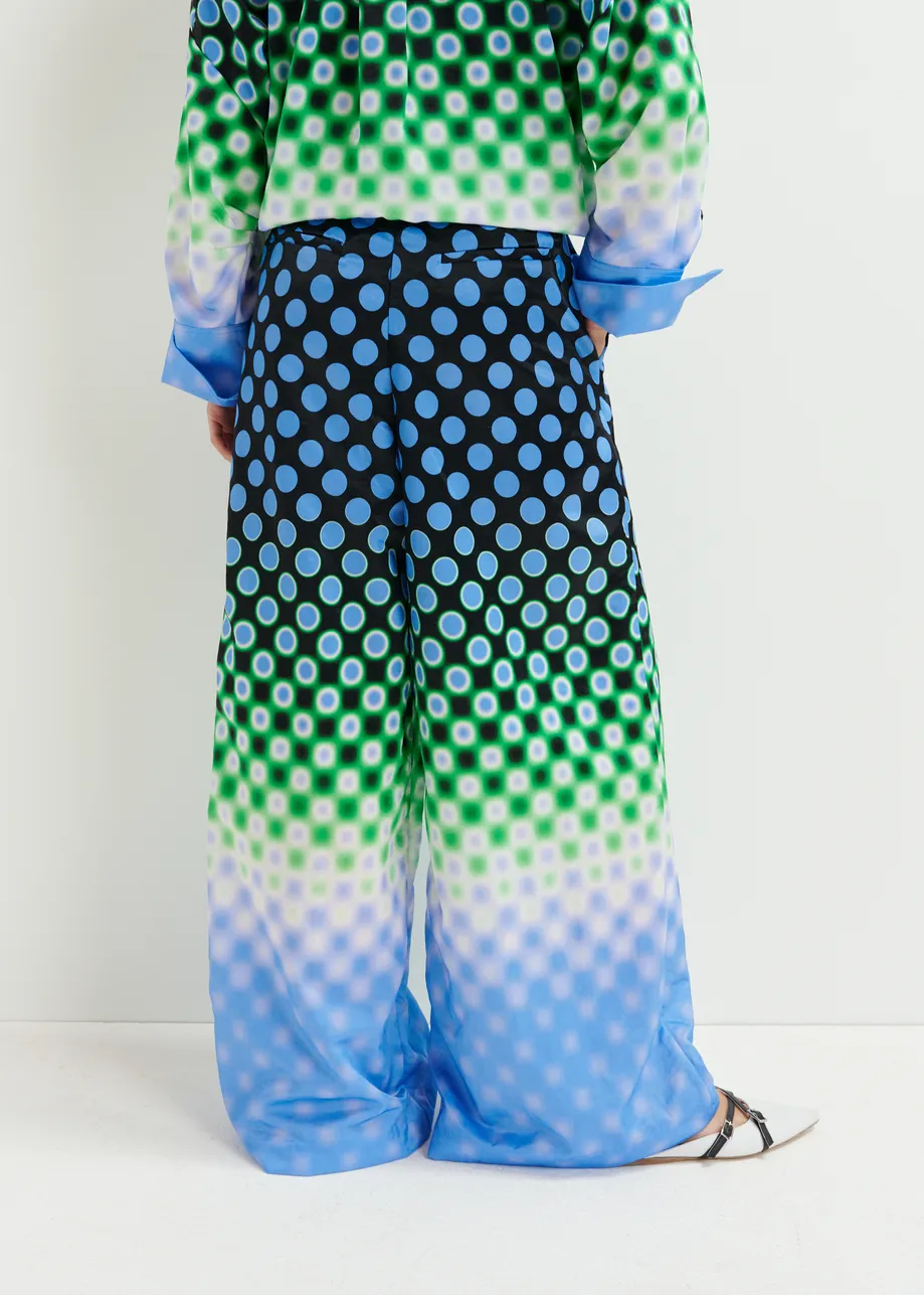 Black, blue and green wide-leg satin pants