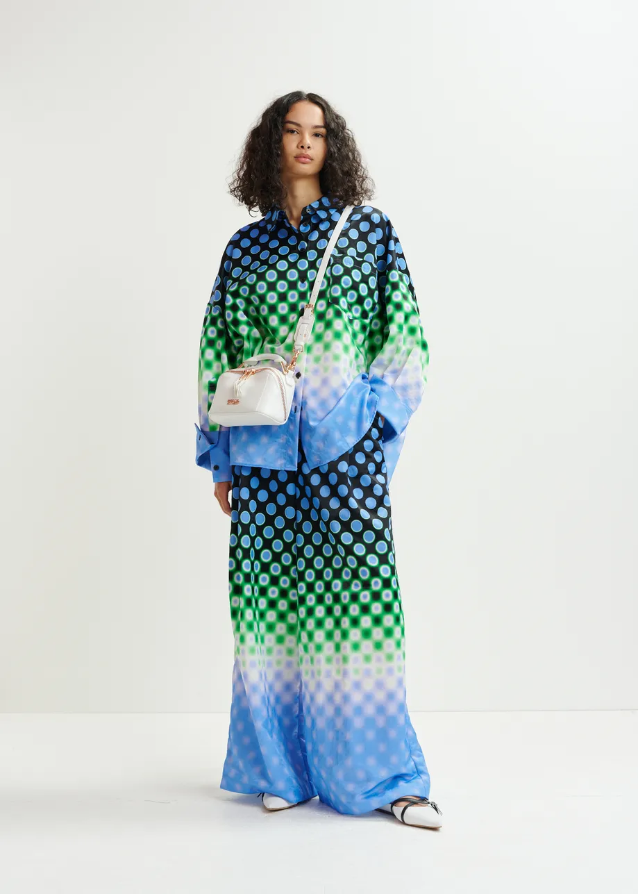 Black, blue and green wide-leg satin pants