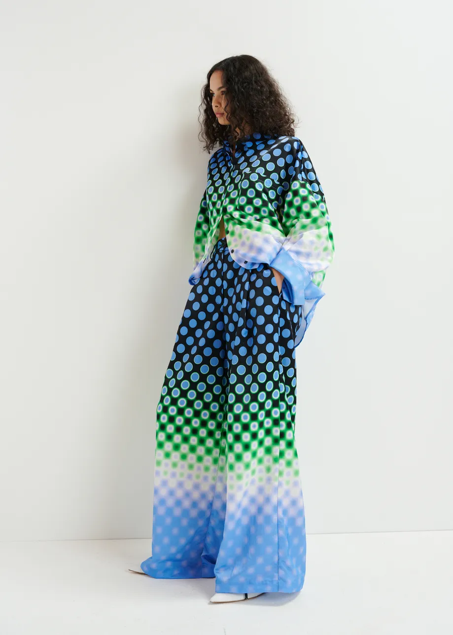 Black, blue and green wide-leg satin pants