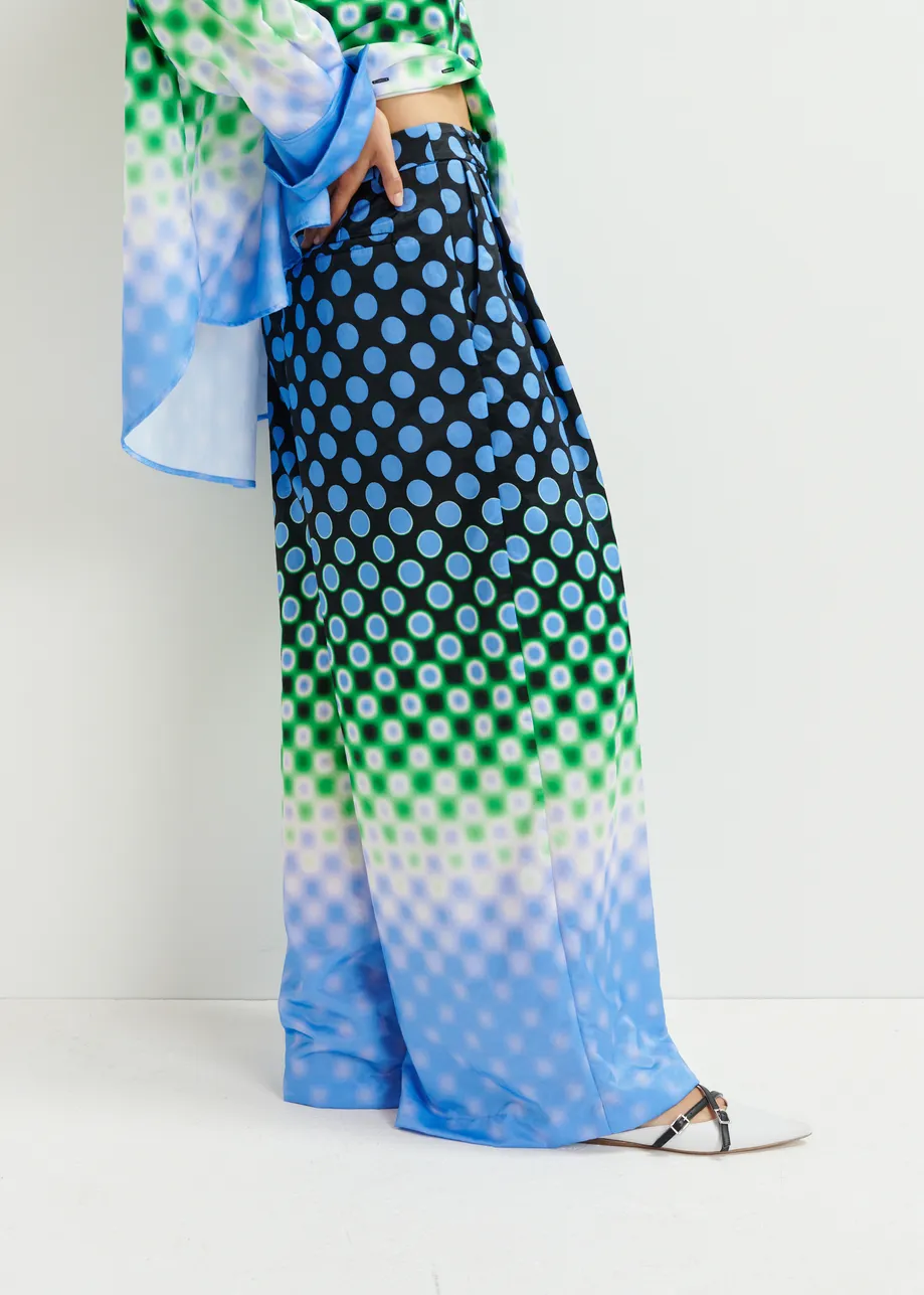 Black, blue and green wide-leg satin pants