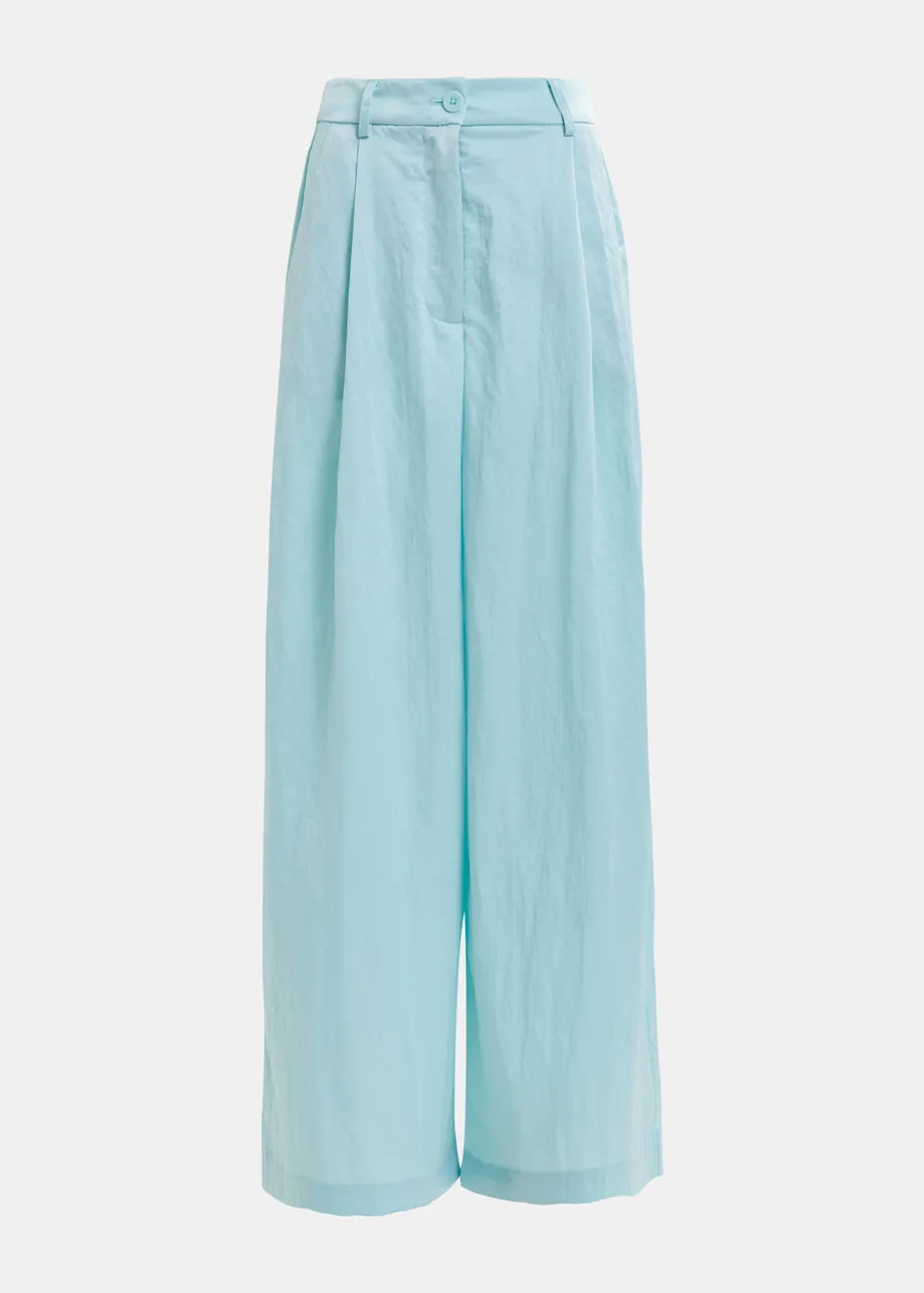 Light blue wide-leg satin pants