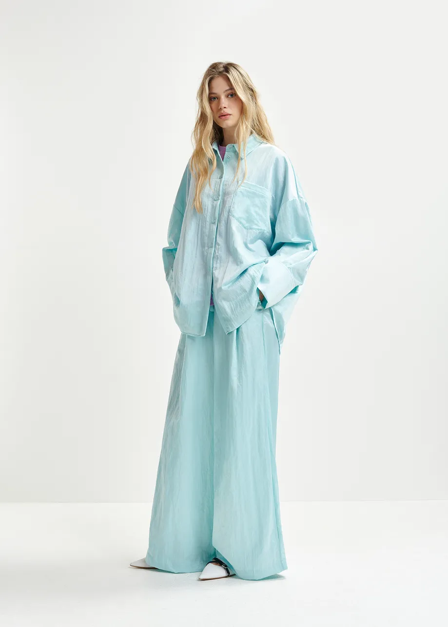 Light blue wide-leg satin pants