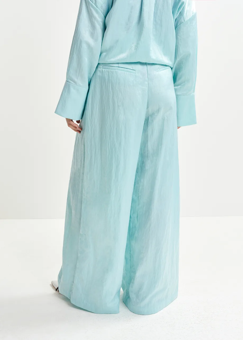 Light blue wide-leg satin pants