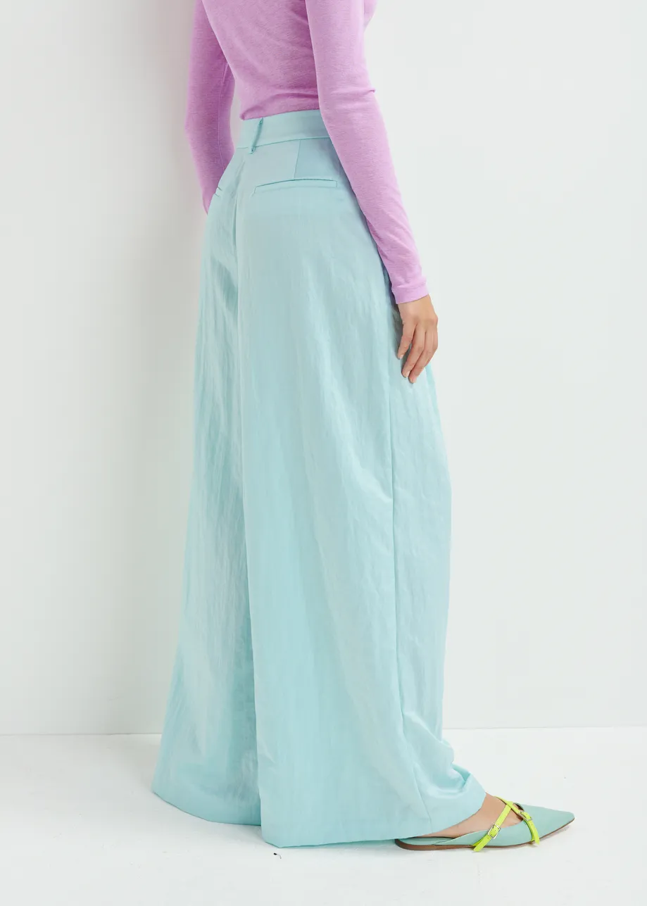 Light blue wide-leg satin pants