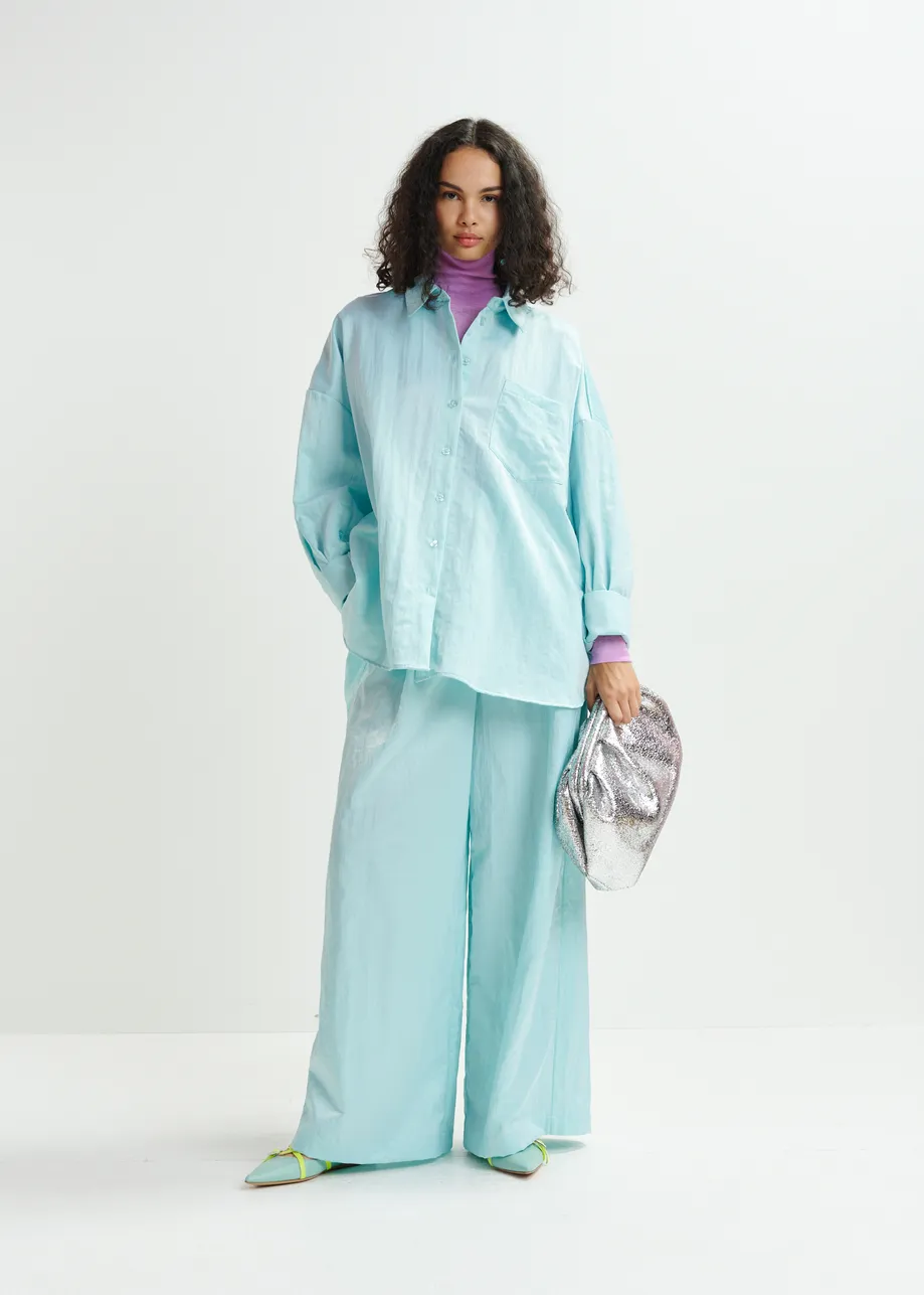 Light blue wide-leg satin pants