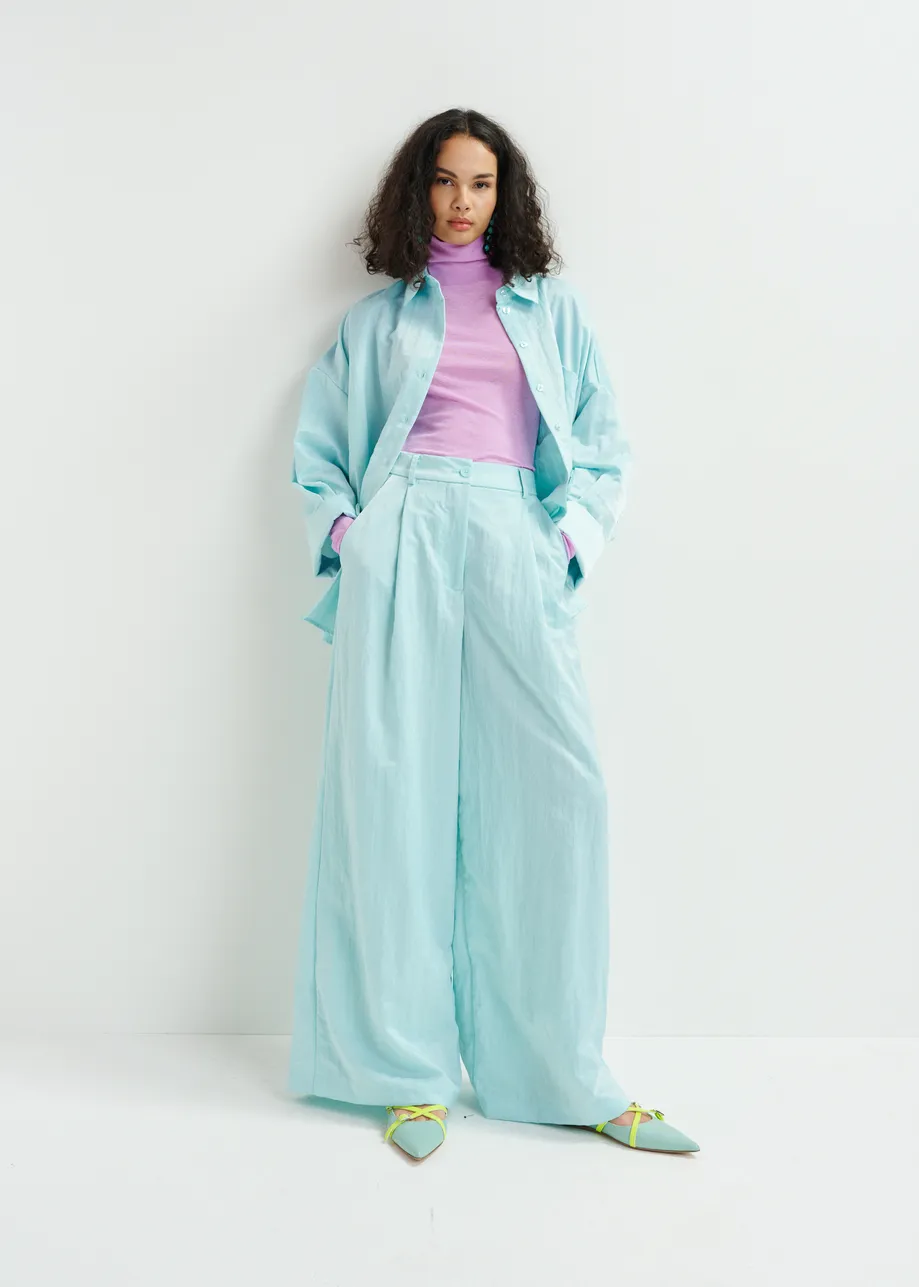 Light blue wide-leg satin pants