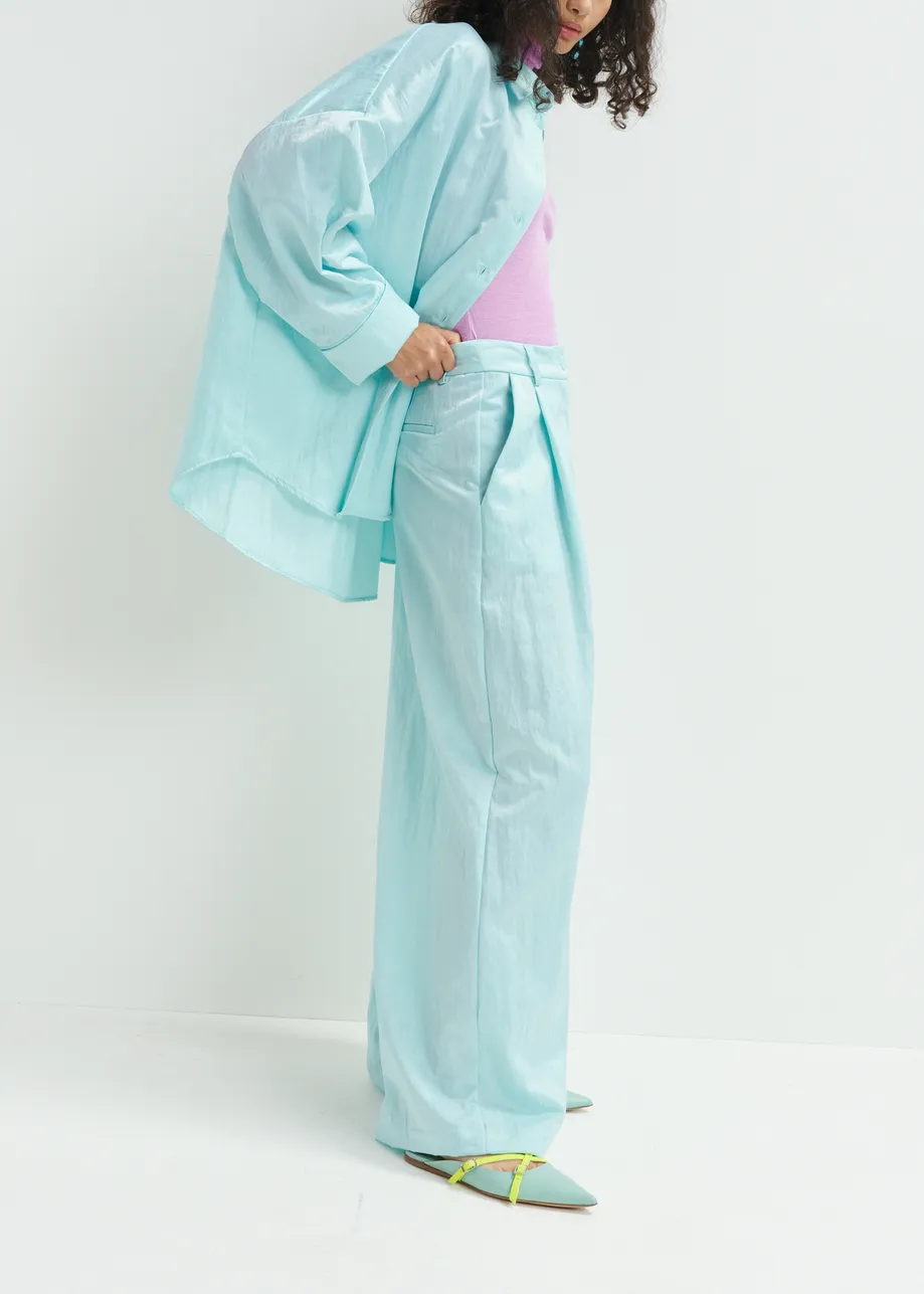 Light blue wide-leg satin pants