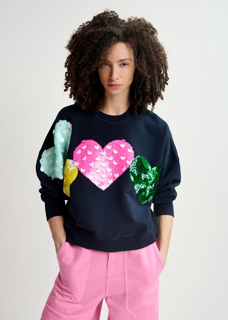 Sudadera de algodón orgánico con bordados de lentejuelas, azul marino
