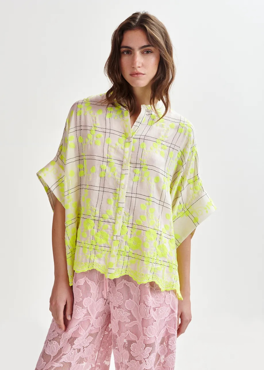 Off-white, yellow and brown check pattern shirt with floral embroidery and a scalloped hemline