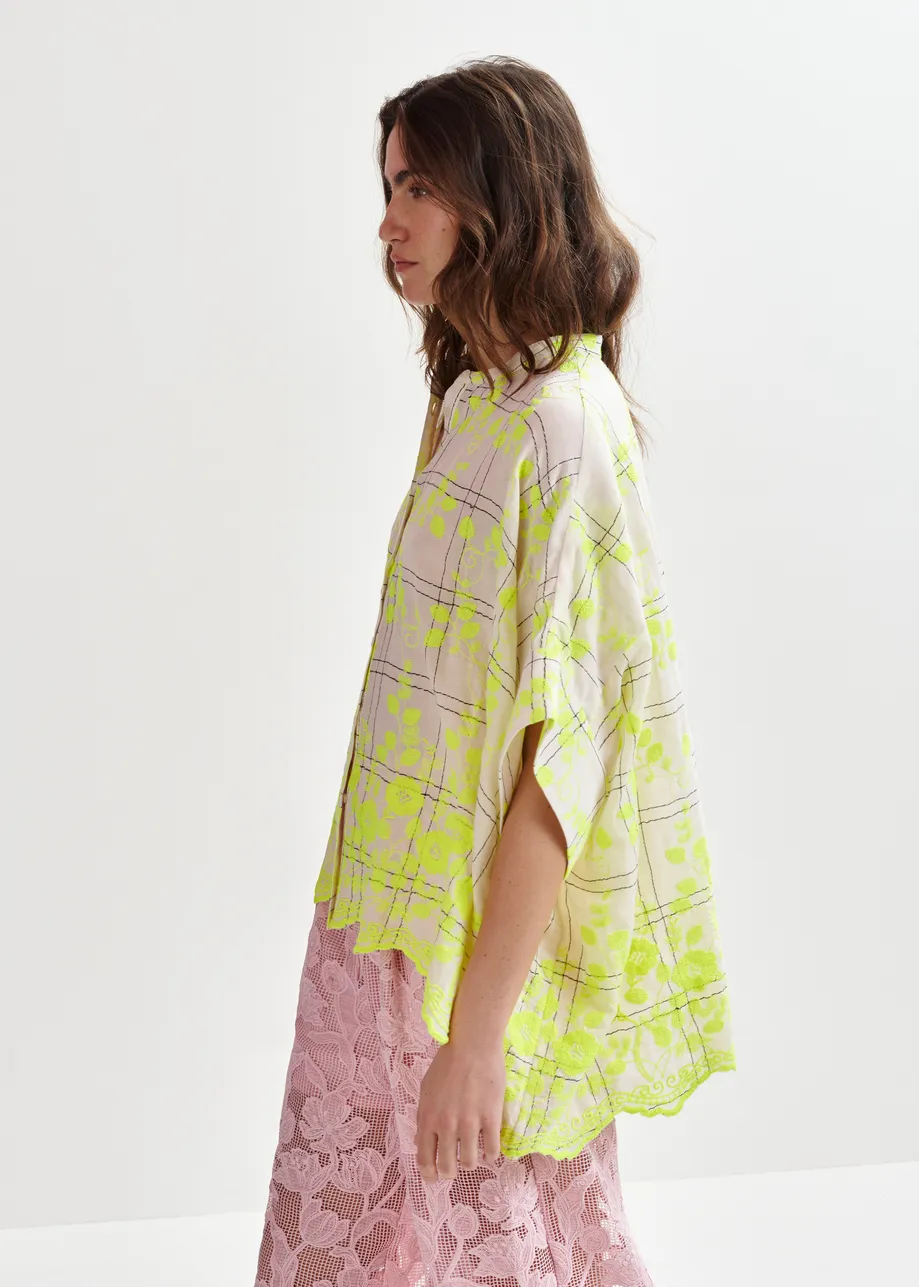 Off-white, yellow and brown check pattern shirt with floral embroidery and a scalloped hemline