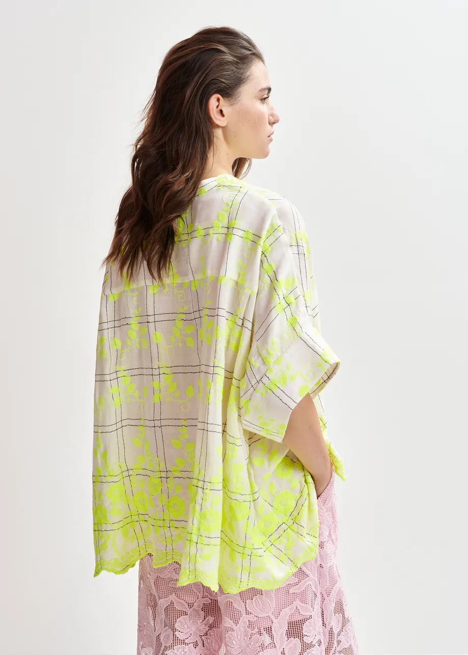 Off-white, yellow and brown check pattern shirt with floral embroidery and a scalloped hemline