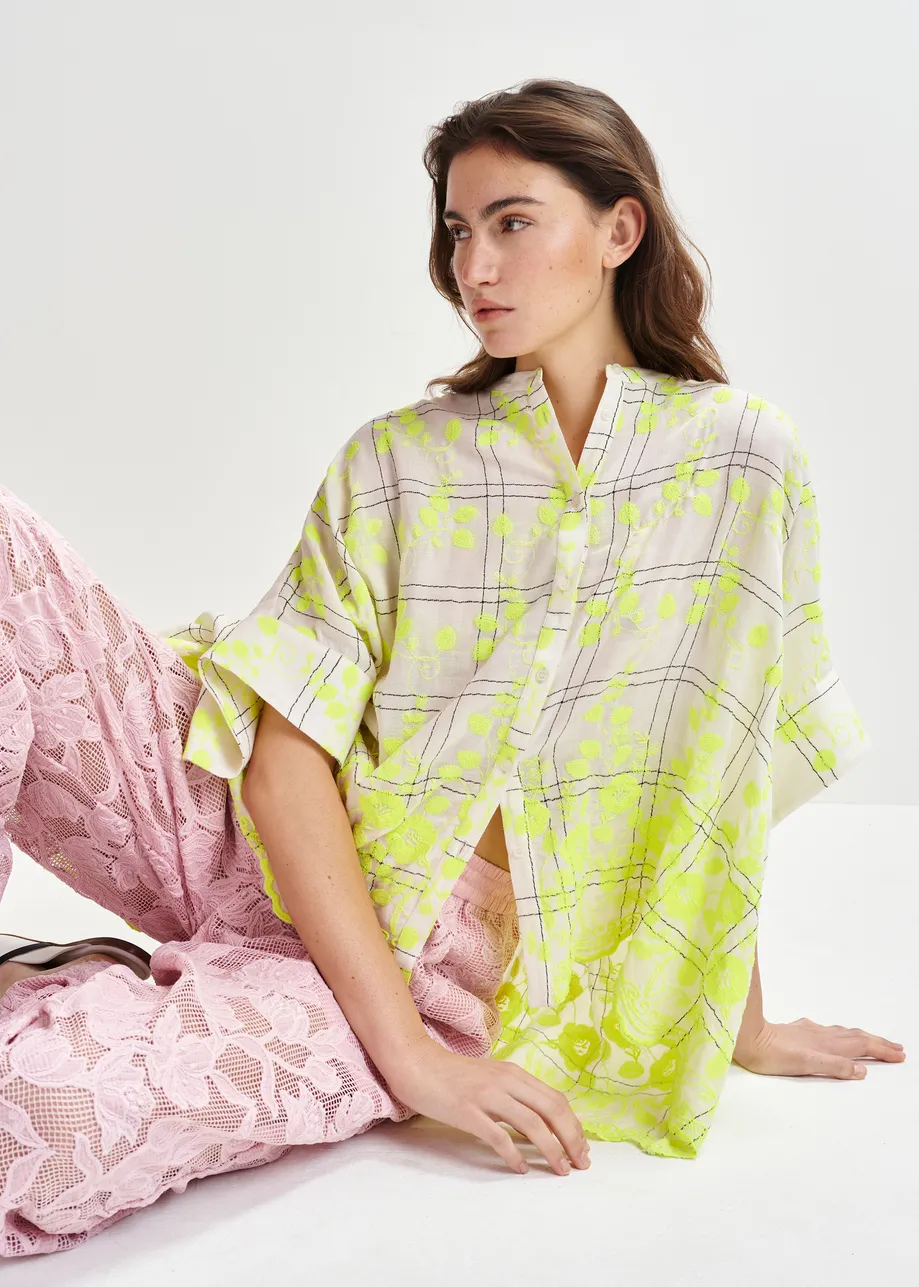 Off-white, yellow and brown check pattern shirt with floral embroidery and a scalloped hemline