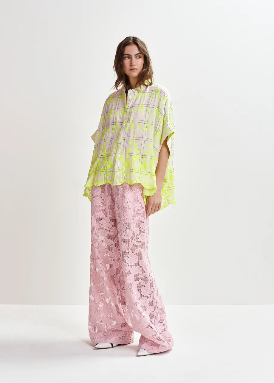 Off-white, yellow and brown check pattern shirt with floral embroidery and a scalloped hemline