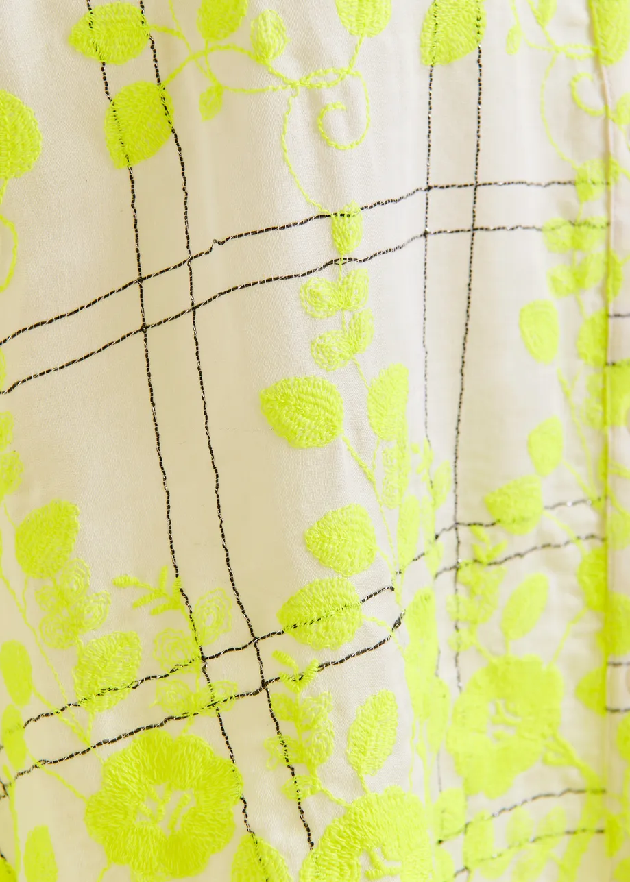 Off-white, yellow and brown check pattern shirt with floral embroidery and a scalloped hemline