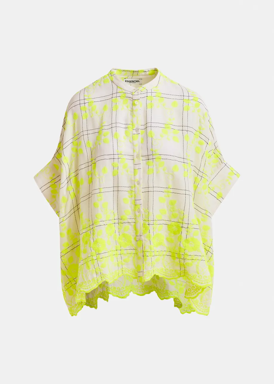 Camicia a quadri bianchi, gialli e marroni con ricamo floreale e orlo smerlato