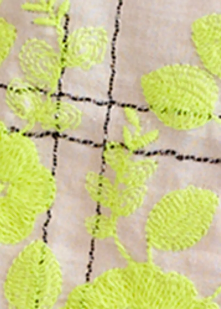 Off-white, yellow and brown check pattern shirt with floral embroidery and a scalloped hemline