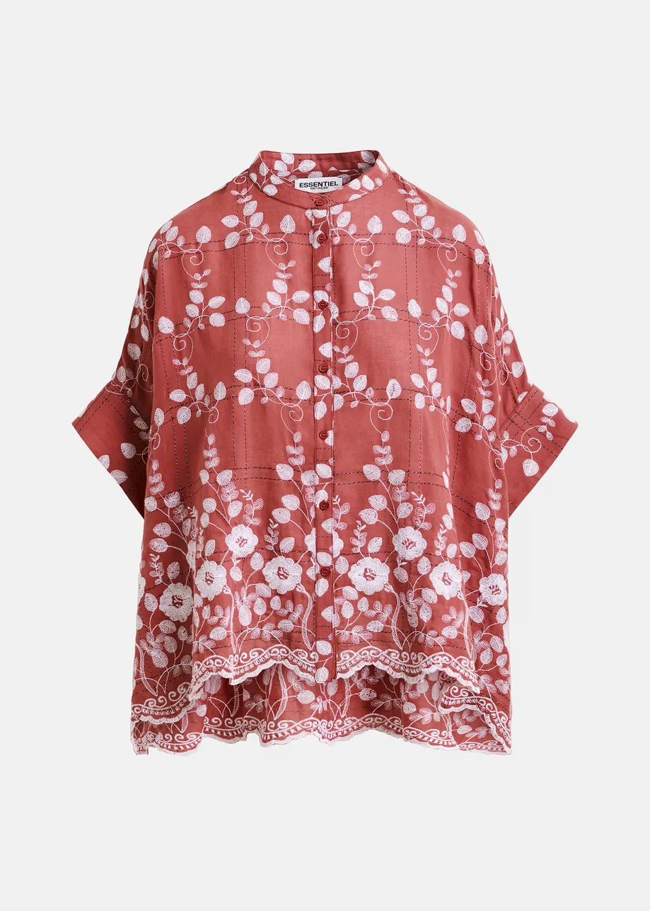 Brown and white check pattern shirt with floral embroidery and a scalloped hemline