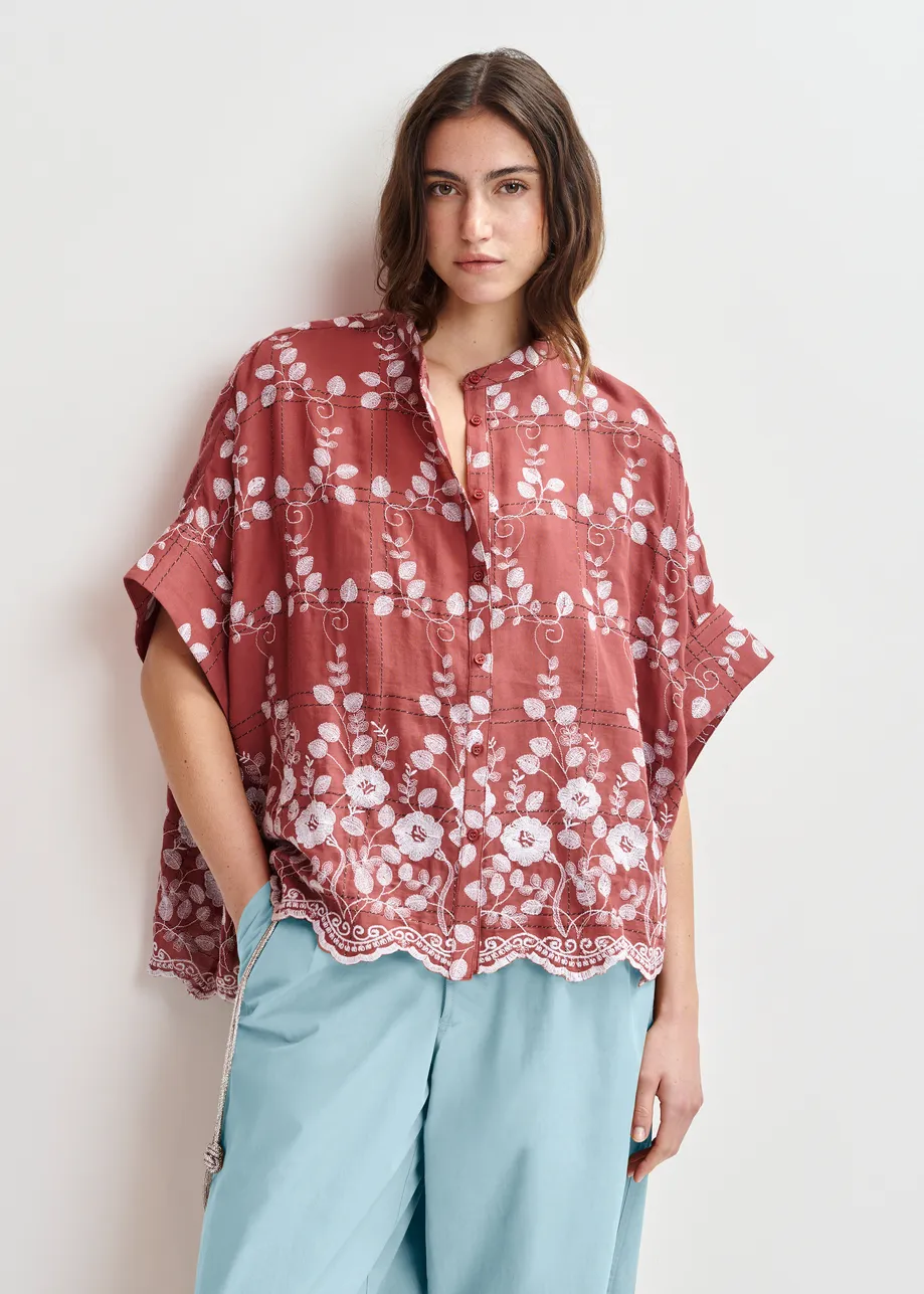 Brown and white check pattern shirt with floral embroidery and a scalloped hemline