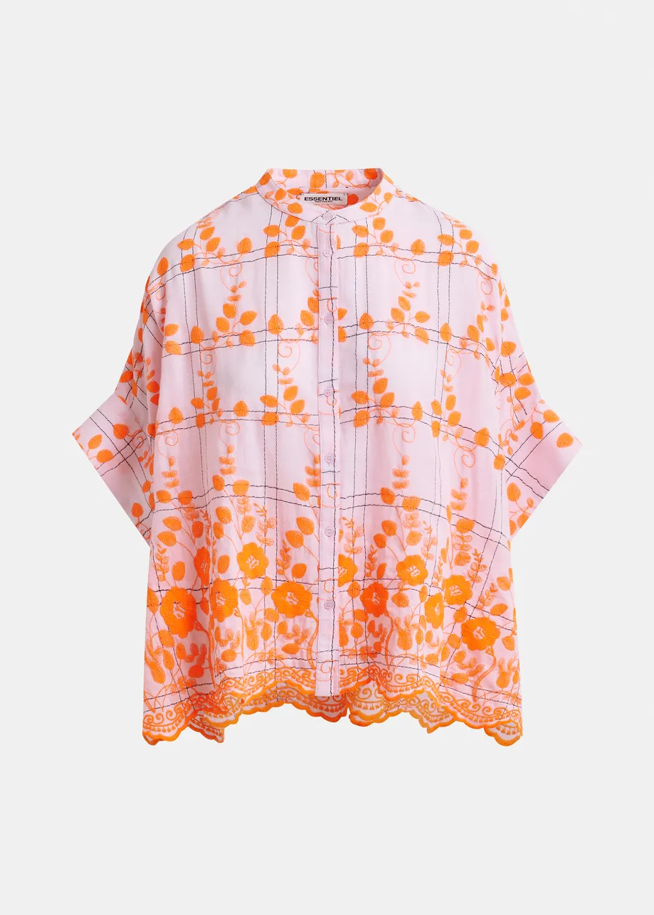 Light pink and orange check pattern shirt with floral embroidery and a scalloped hemline