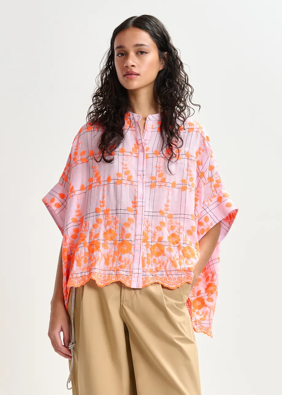 Light pink and orange check pattern shirt with floral embroidery and a scalloped hemline