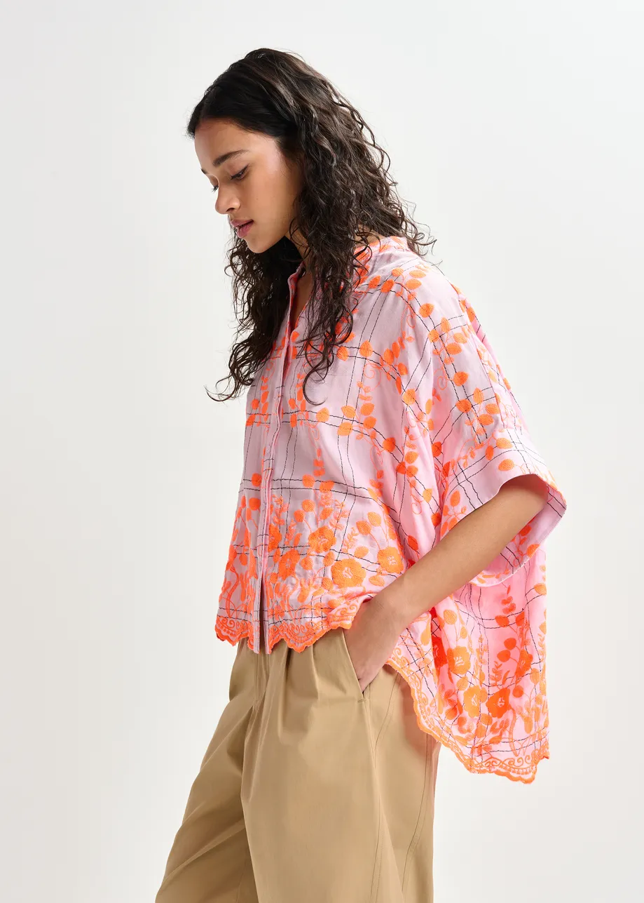 Light pink and orange check pattern shirt with floral embroidery and a scalloped hemline