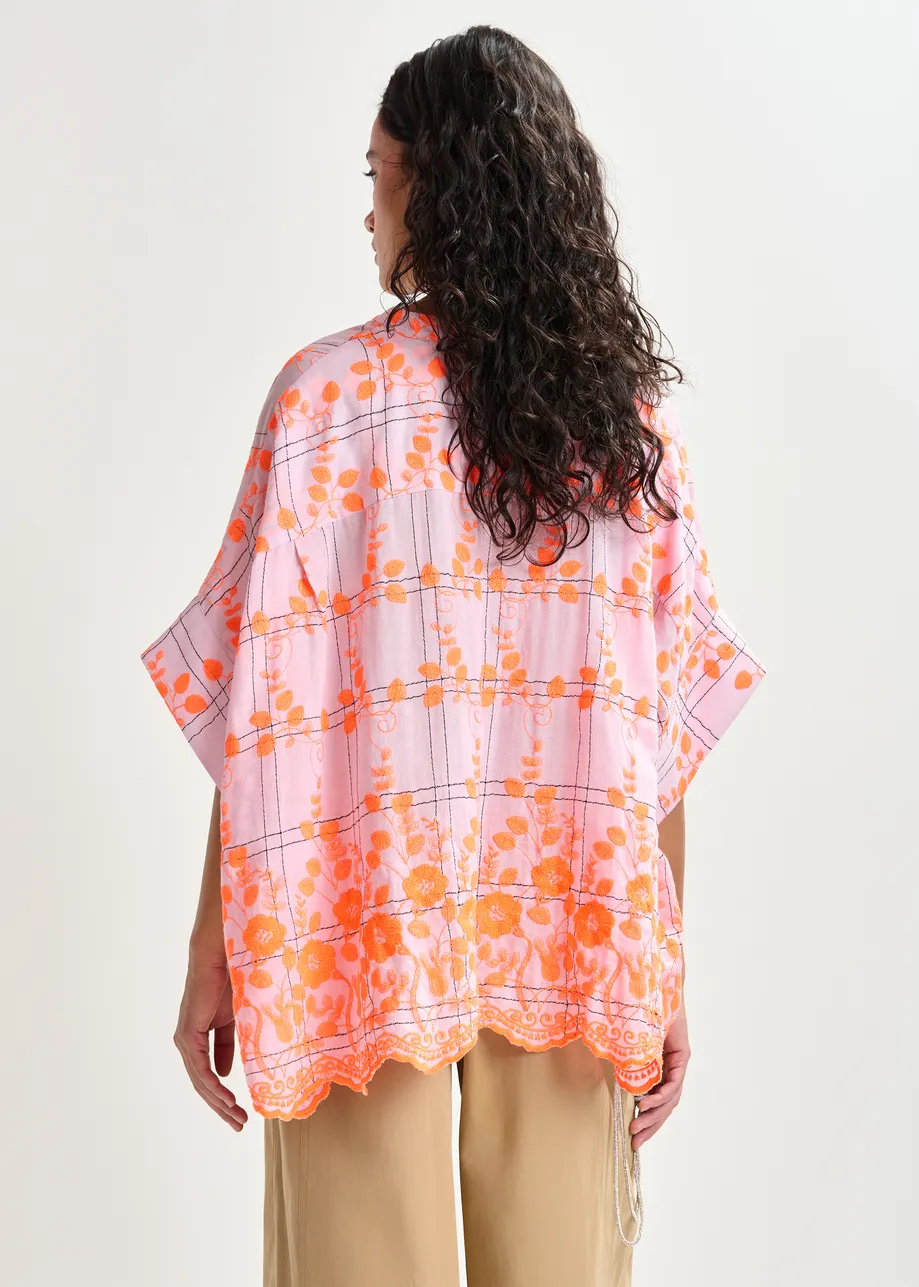 Light pink and orange check pattern shirt with floral embroidery and a scalloped hemline