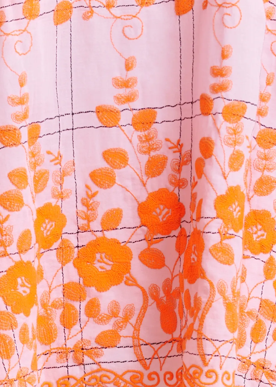 Light pink and orange check pattern shirt with floral embroidery and a scalloped hemline