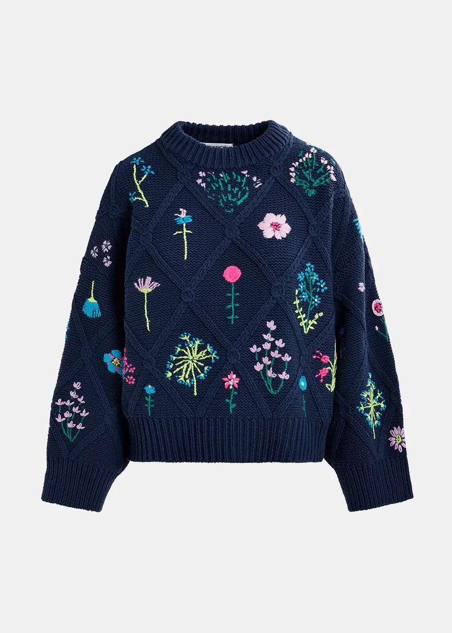 Dark blue rib-knitted sweater with flower embroidery