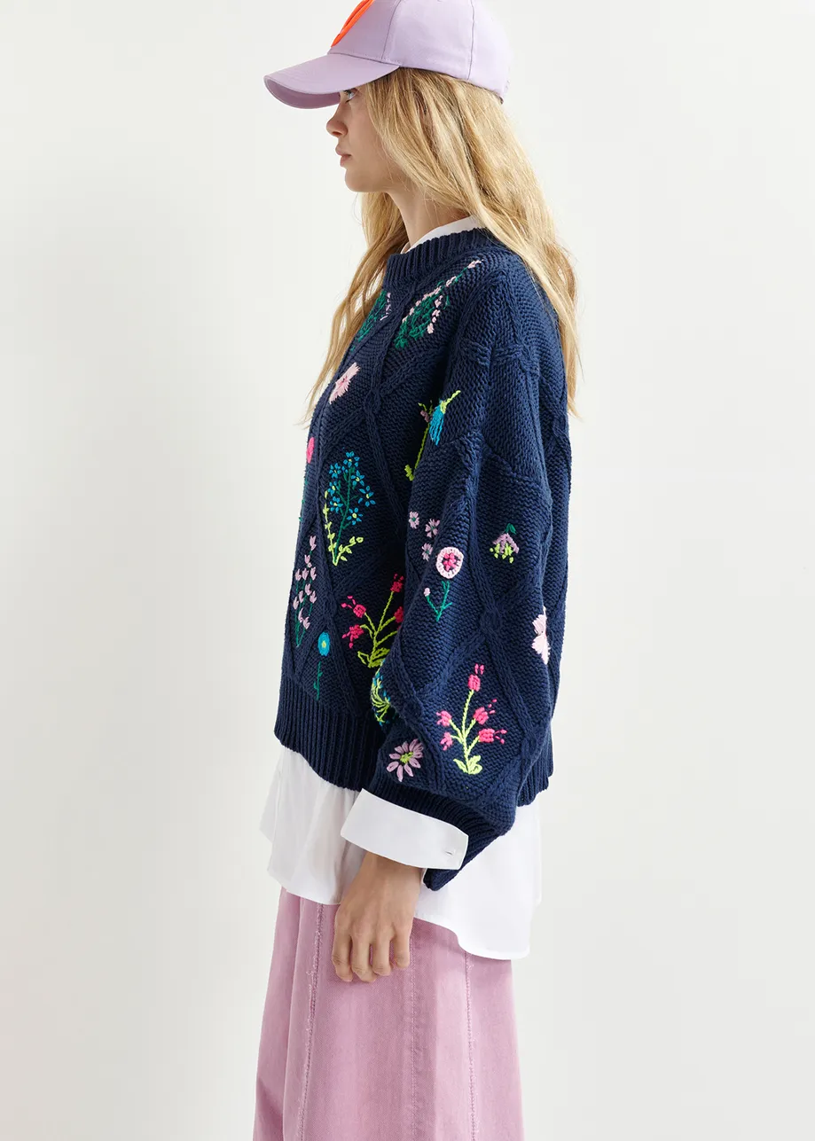 Dark blue rib-knitted sweater with flower embroidery