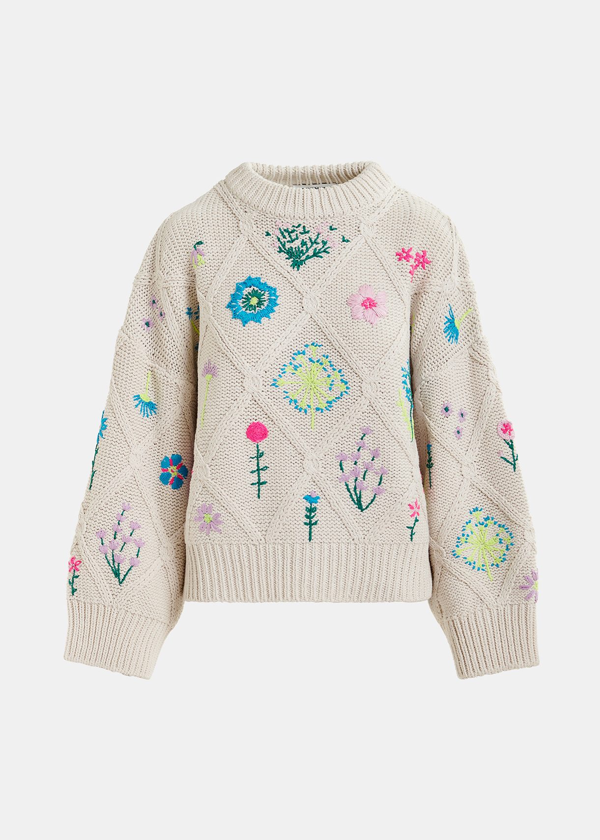 Off-white rib-knitted sweater with flower embroidery