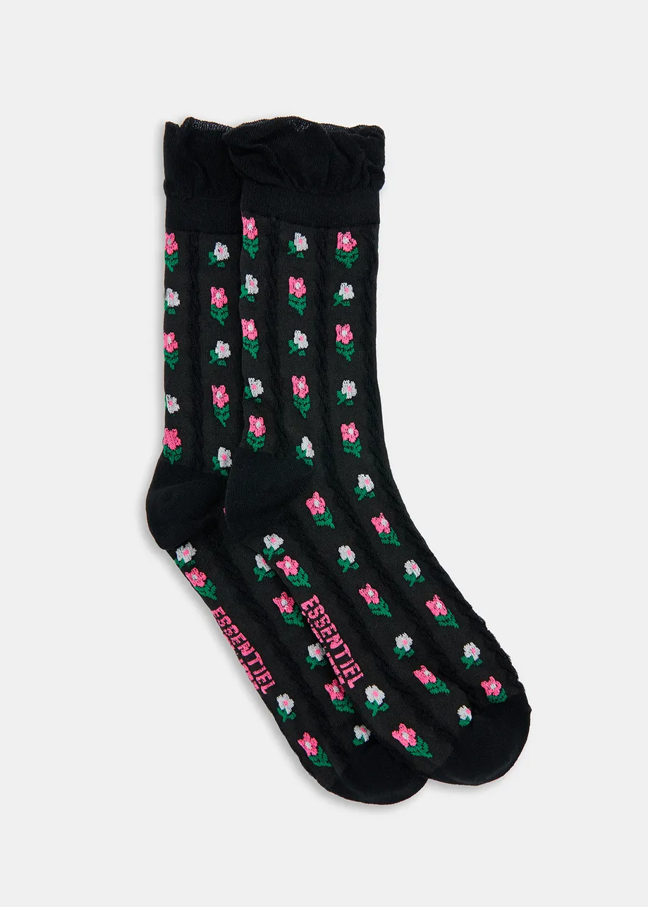 Black floral jacquard-knit socks with ruffled trim