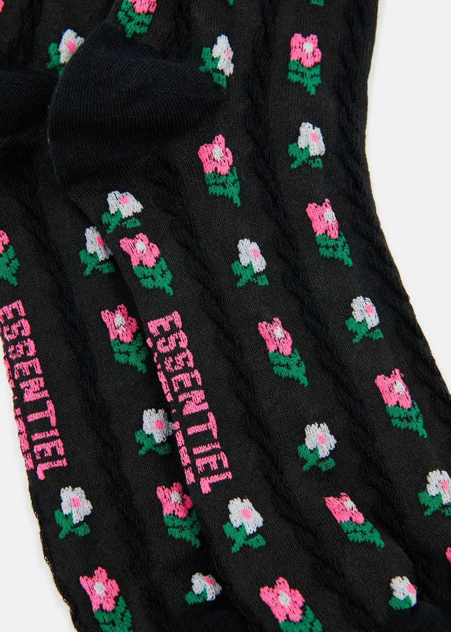 Black floral jacquard-knit socks with ruffled trim