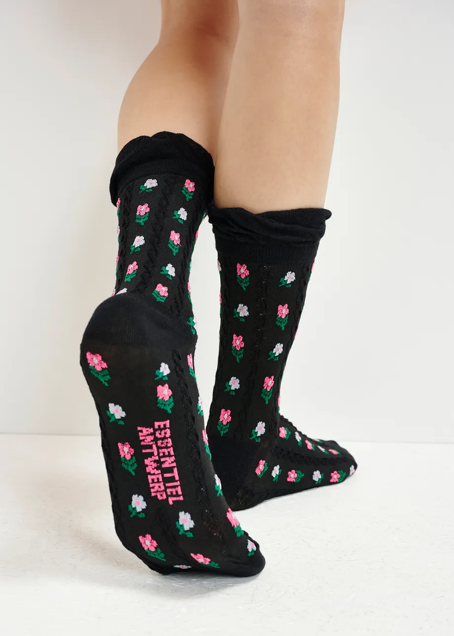 Black floral jacquard-knit socks with ruffled trim