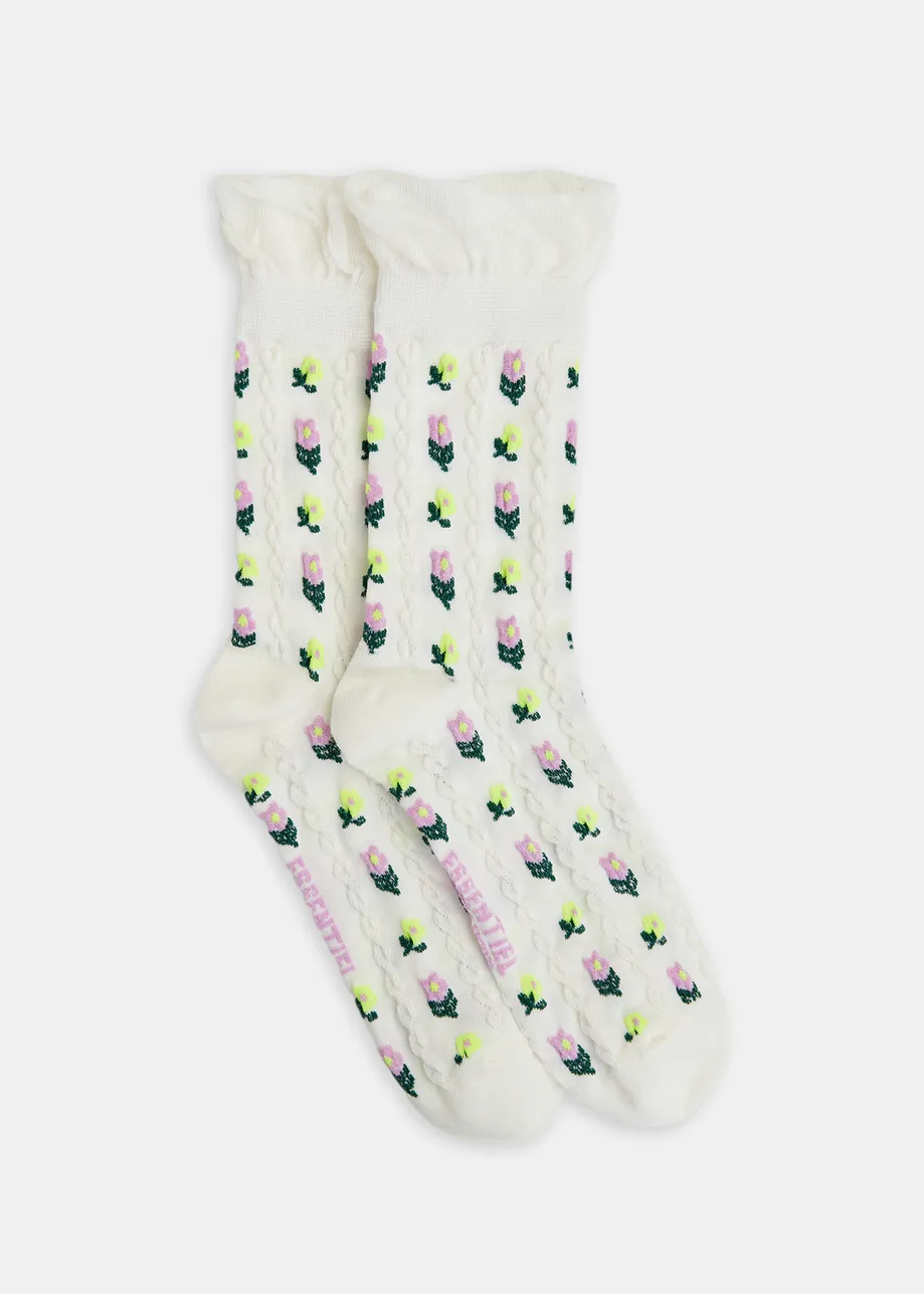 Off-white floral jacquard-knit socks with ruffled trim