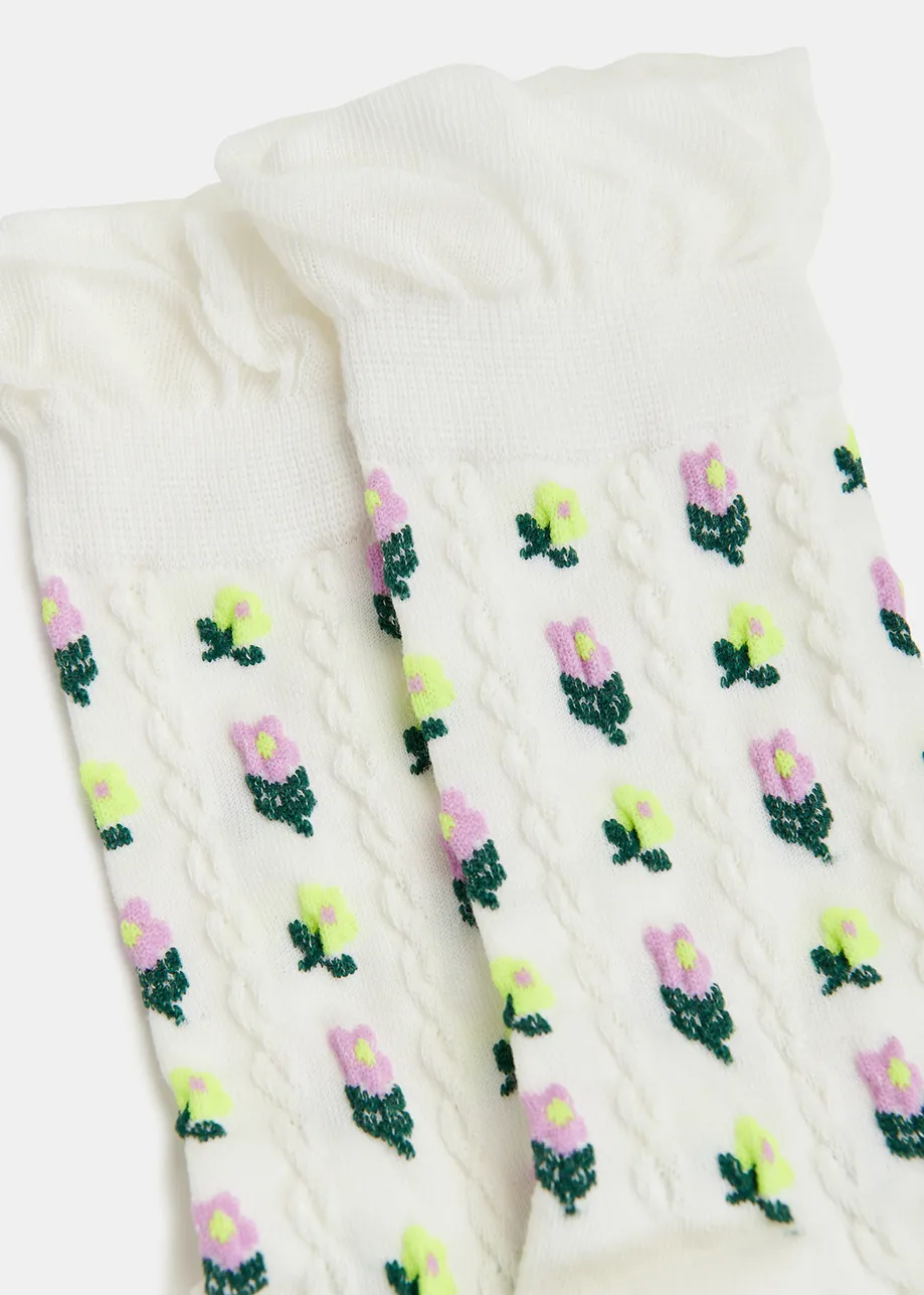 Off-white floral jacquard-knit socks with ruffled trim