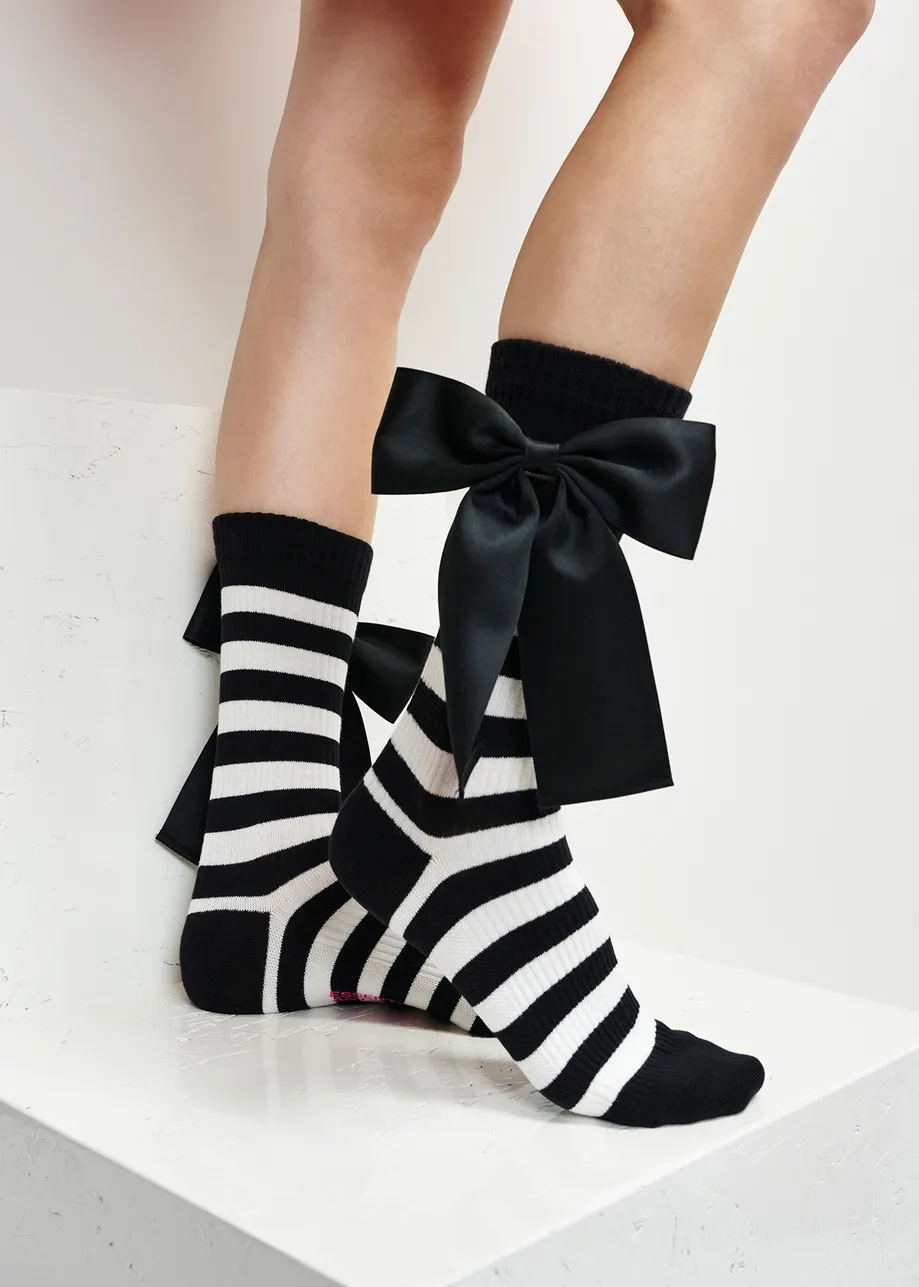 Black and white striped cotton-blend socks with satin bows