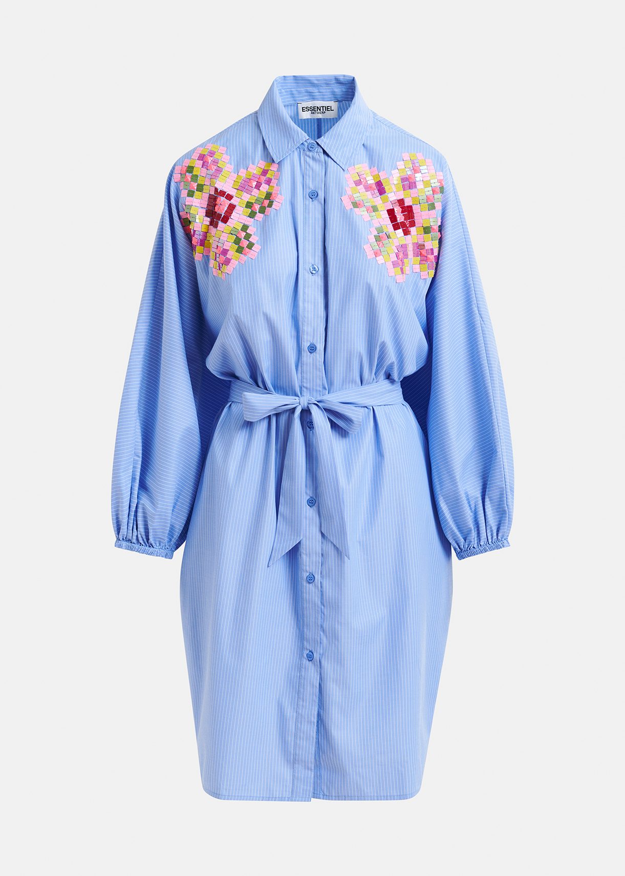 Blue and white striped shirt dress with embroideries | Essentiel Antwerp United States Blue and white striped shirt dress with embroideries | Essentiel Antwerp United States