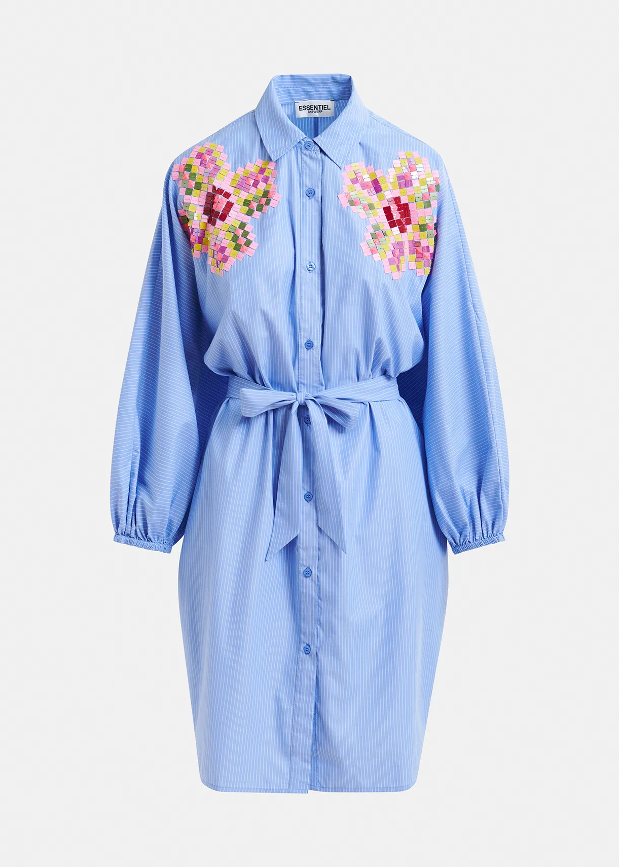 Blue and white striped shirt dress with embroideries | Essentiel Antwerp  United Kingdom