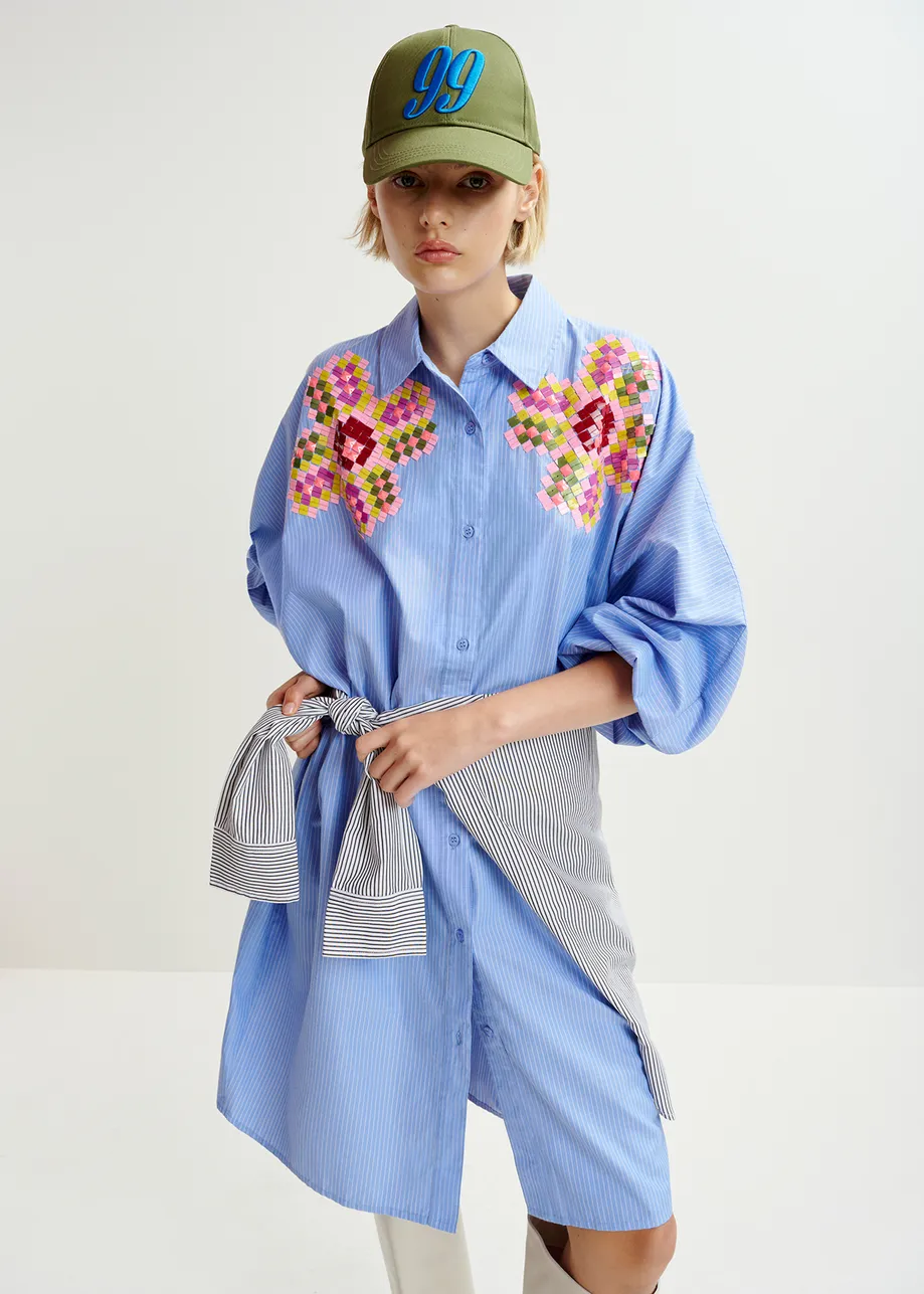 Blue and white striped shirt dress with embroideries