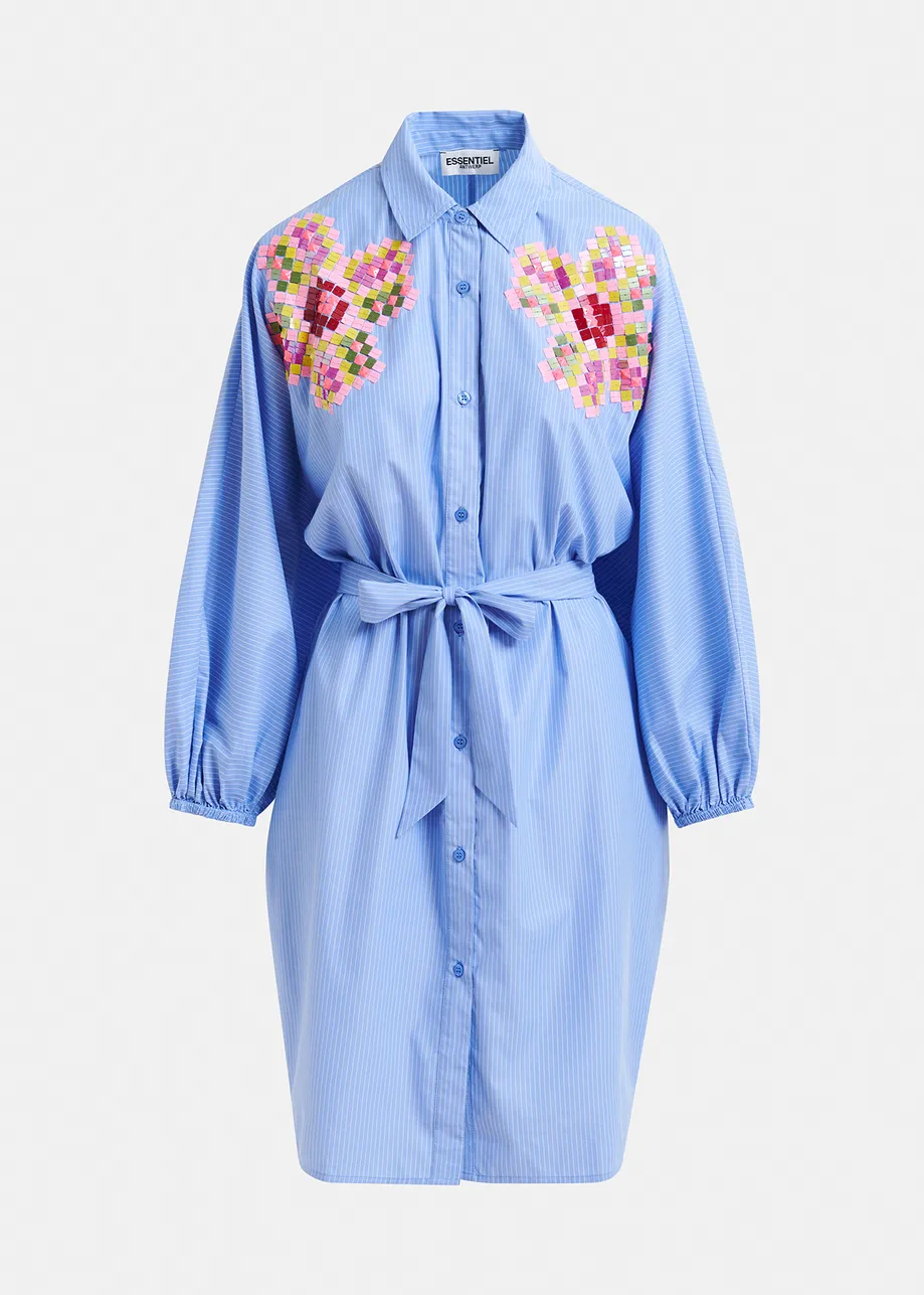 Blue and white striped shirt dress with embroideries