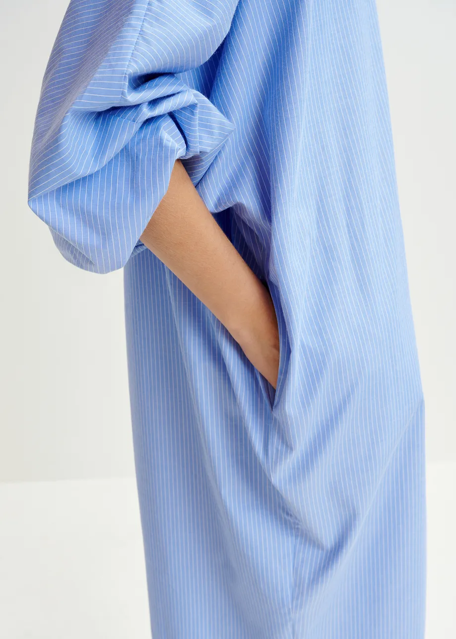 Blue and white striped shirt dress with embroideries