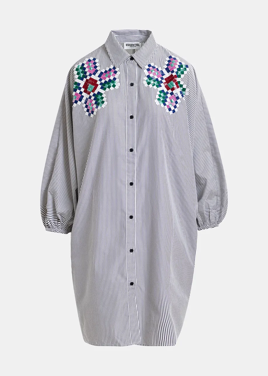 Robe chemise à rayures grise et blanche avec broderie