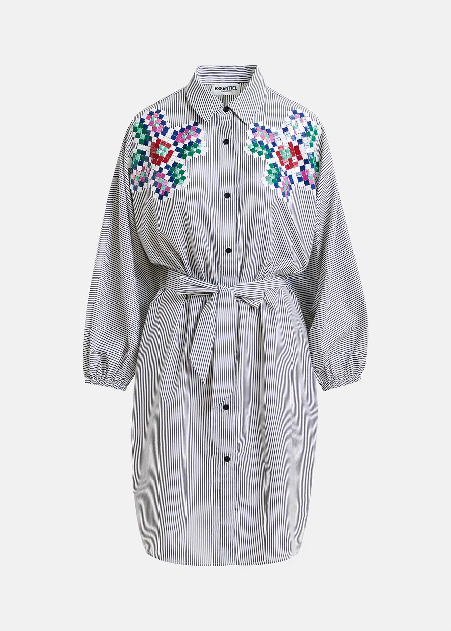 Grey and white striped shirt dress with embroideries