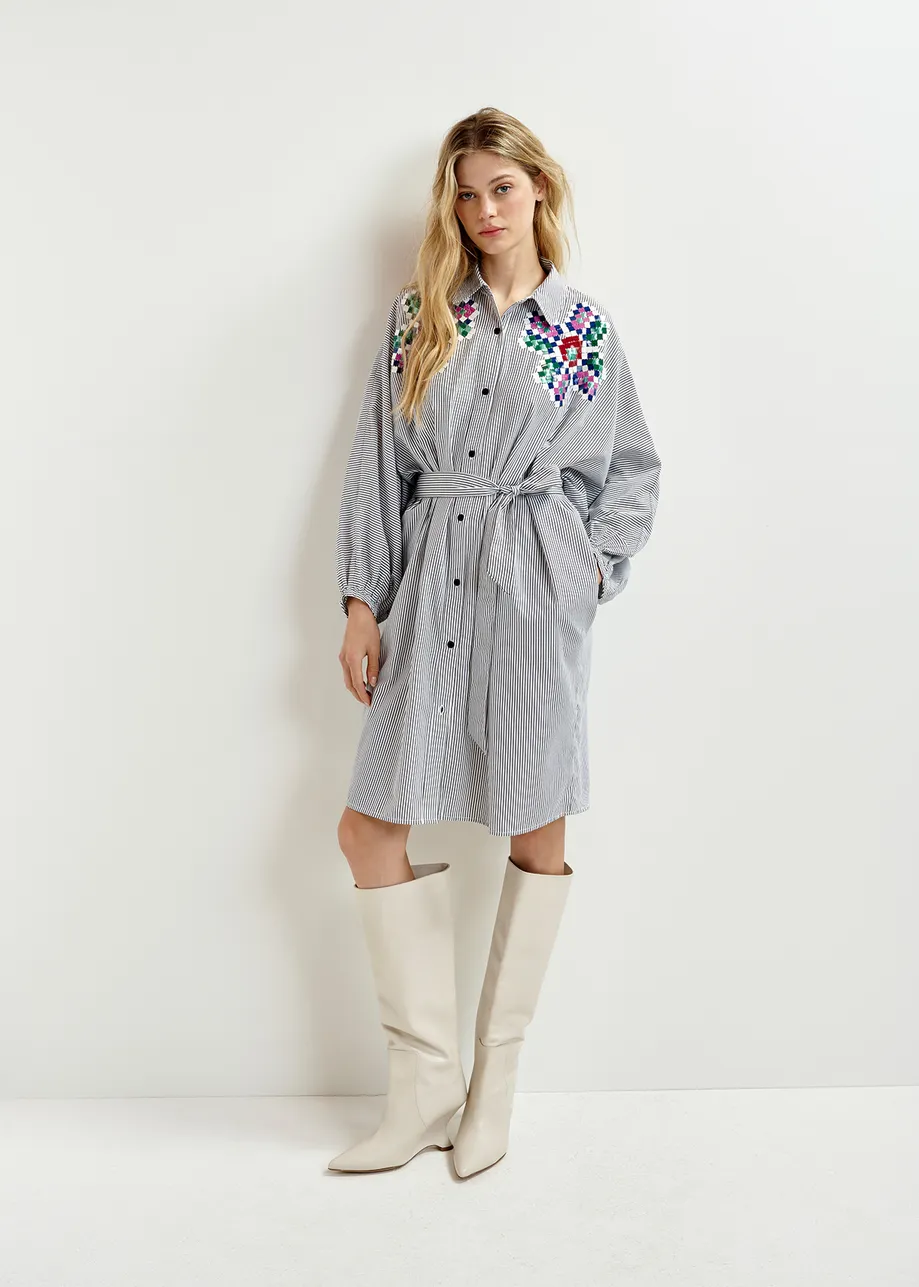 Grey and white striped shirt dress with embroideries