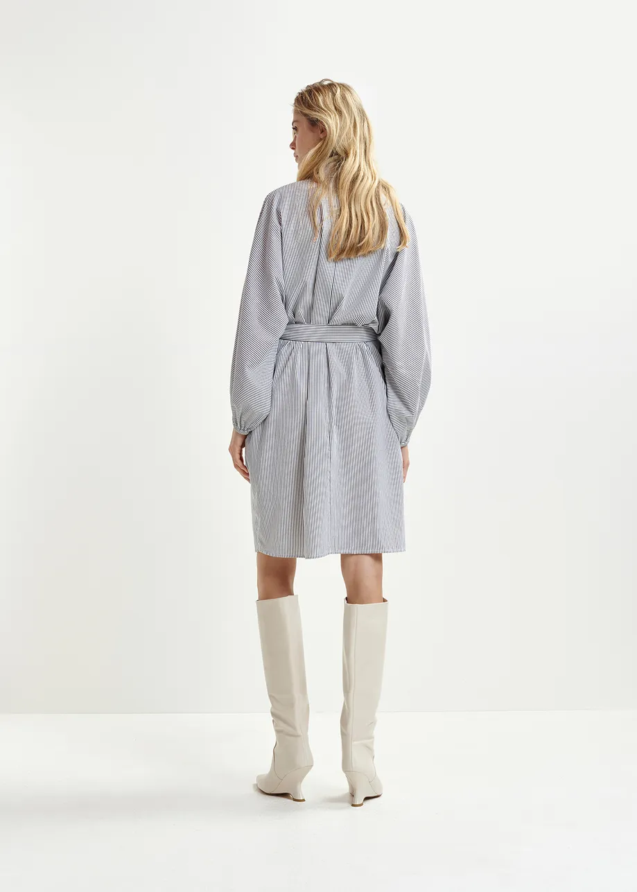 Grey and white striped shirt dress with embroideries