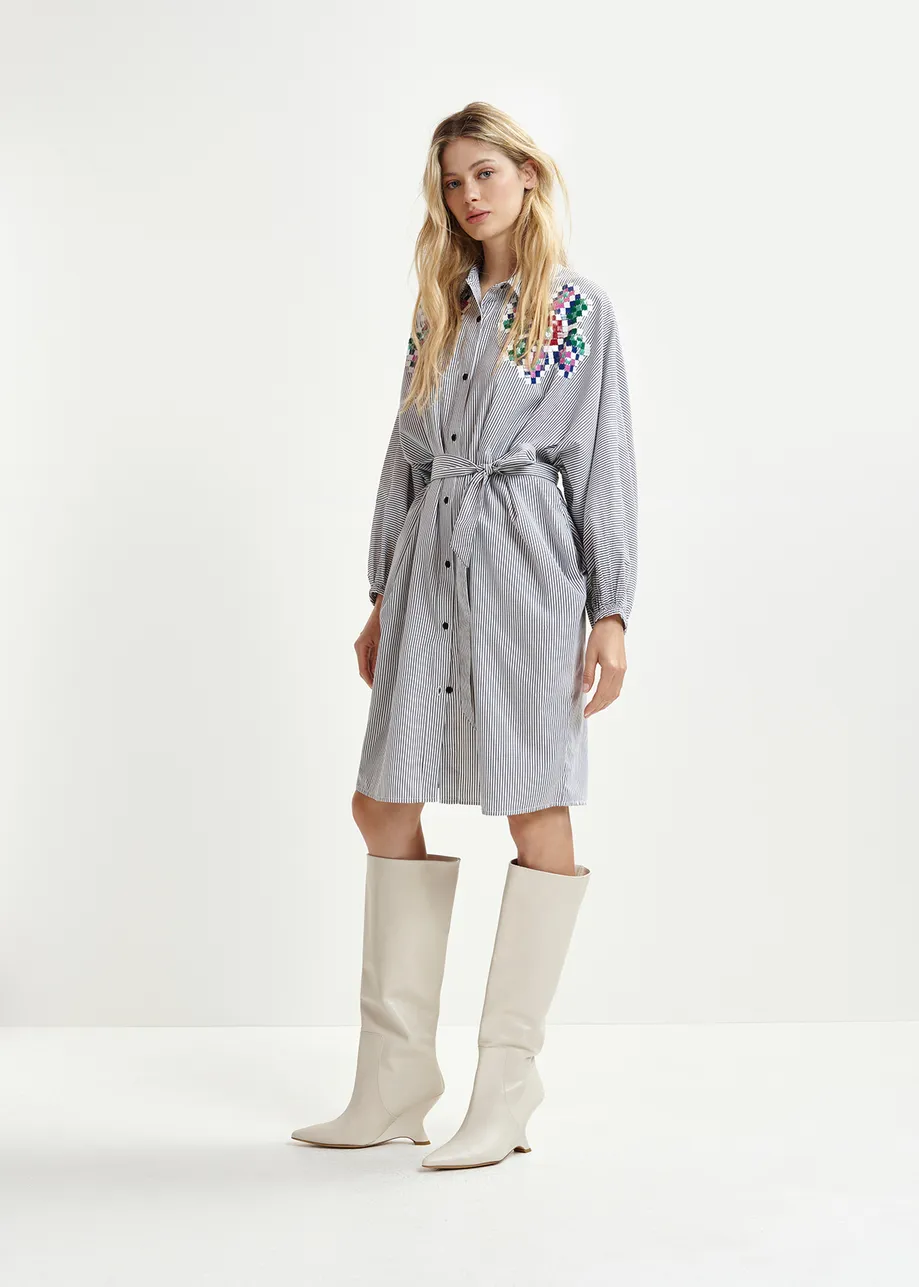 Grey and white striped shirt dress with embroideries