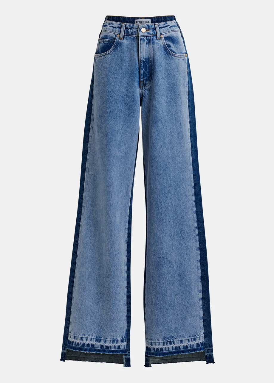 Light and dark blue contrasting panel jeans with uneven waistline and raw-cut hemline