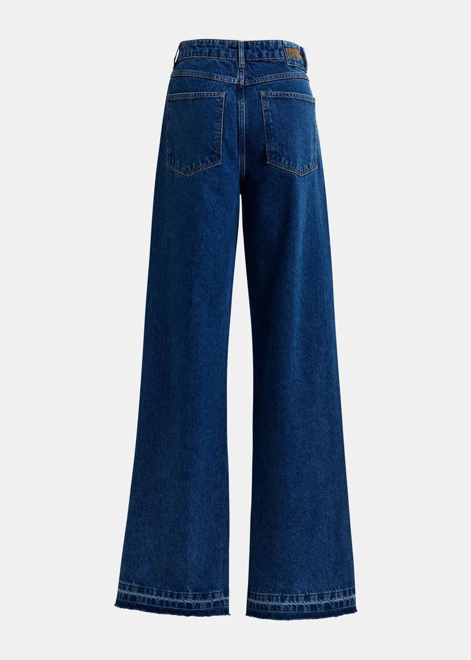 Light and dark blue contrasting panel jeans with uneven waistline and raw-cut hemline