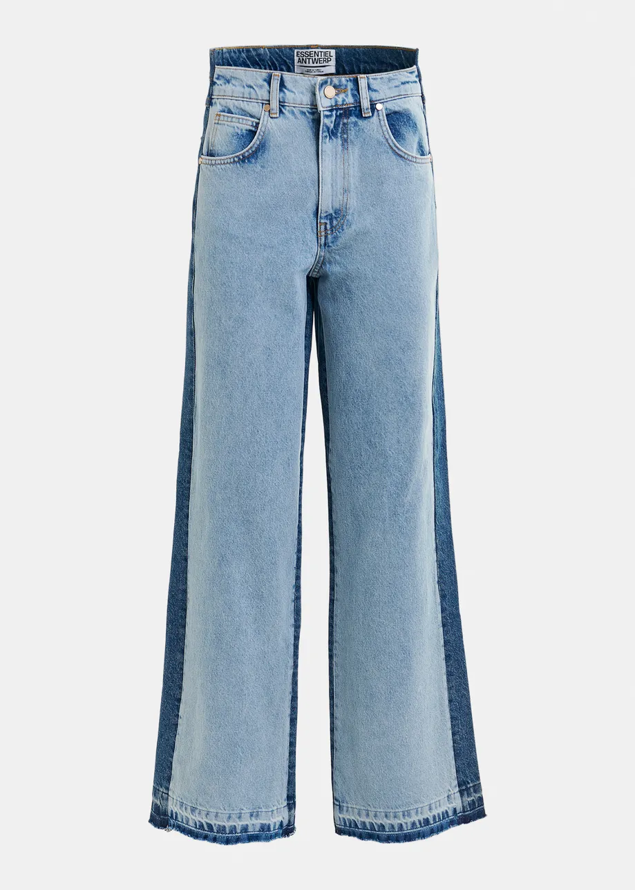 Light and dark blue contrasting panel jeans with uneven waistline and raw-cut hemline