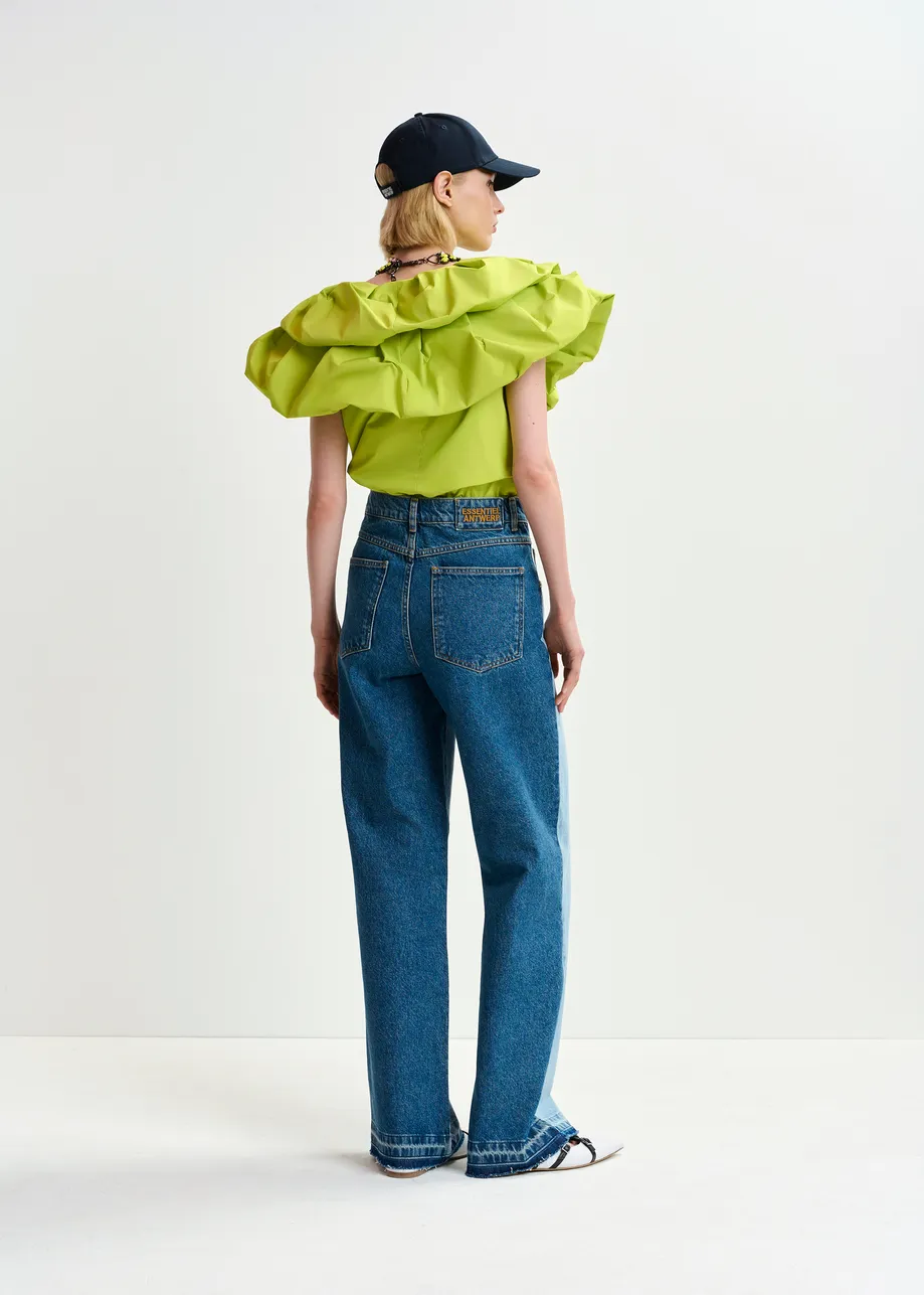 Light and dark blue contrasting panel jeans with uneven waistline and raw-cut hemline